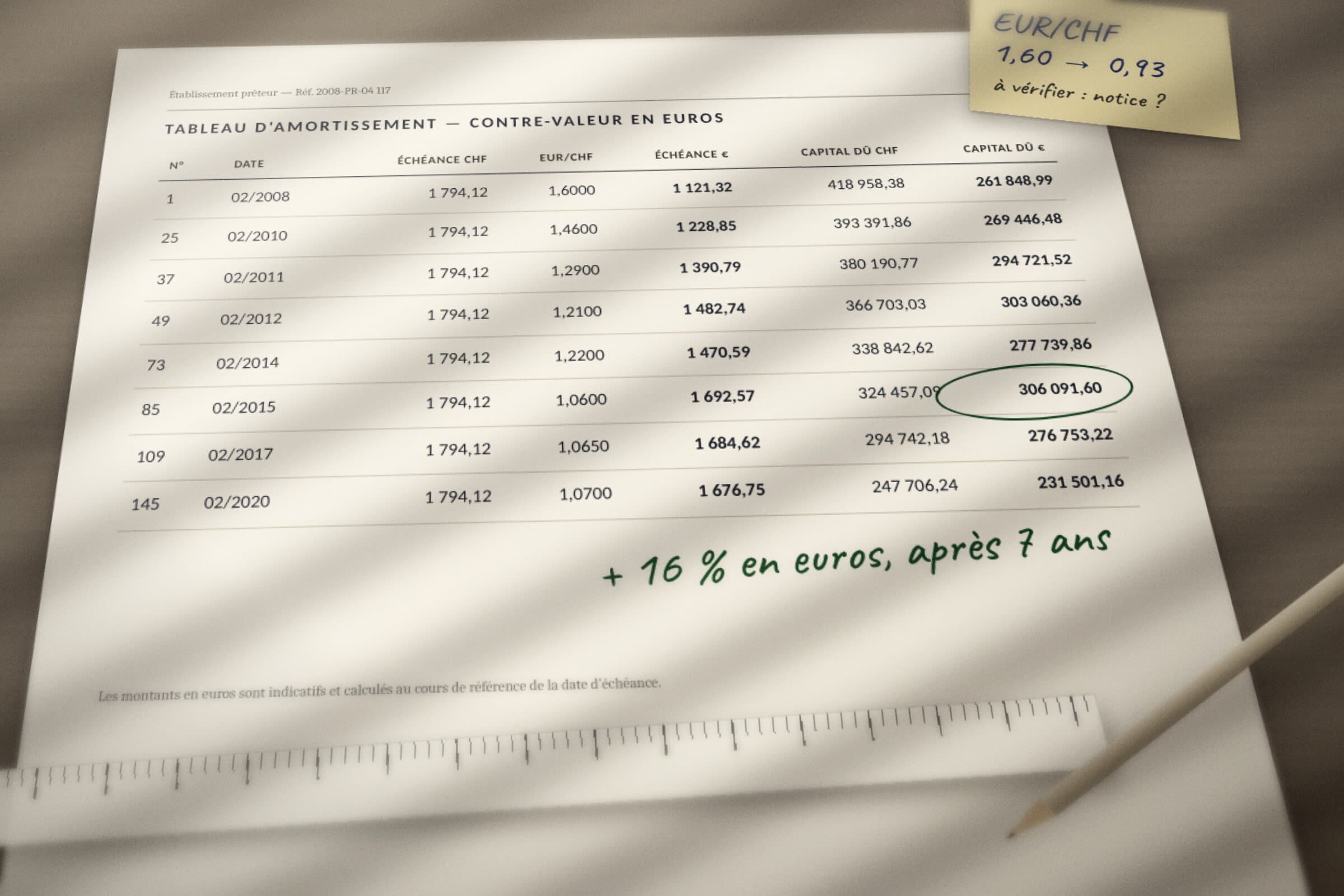 Tableau d'amortissement d'un prêt en francs suisses avec sa contre-valeur en euros, année par année : un capital dû en euros est entouré de vert, la mention manuscrite « + 16 % en euros, après 7 ans » est écrite dessous, un post-it indique « EUR/CHF 1,60 → 0,93 », une règle et un crayon reposent sur la page.