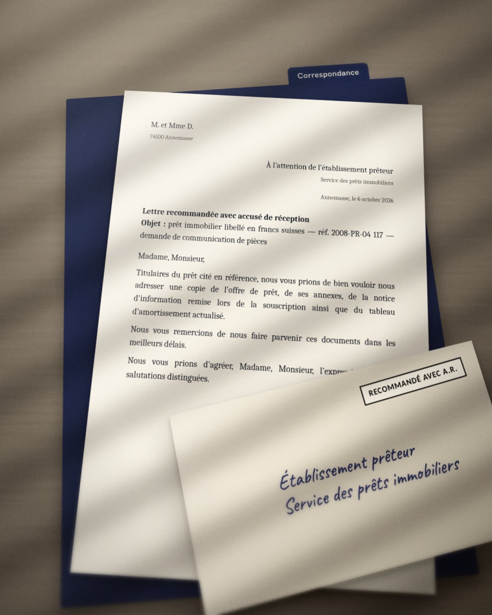 Lettre recommandée adressée à l'établissement prêteur demandant la communication des pièces d'un prêt libellé en francs suisses, posée sur une chemise « Correspondance », avec une enveloppe marquée « Recommandé avec A.R. ».