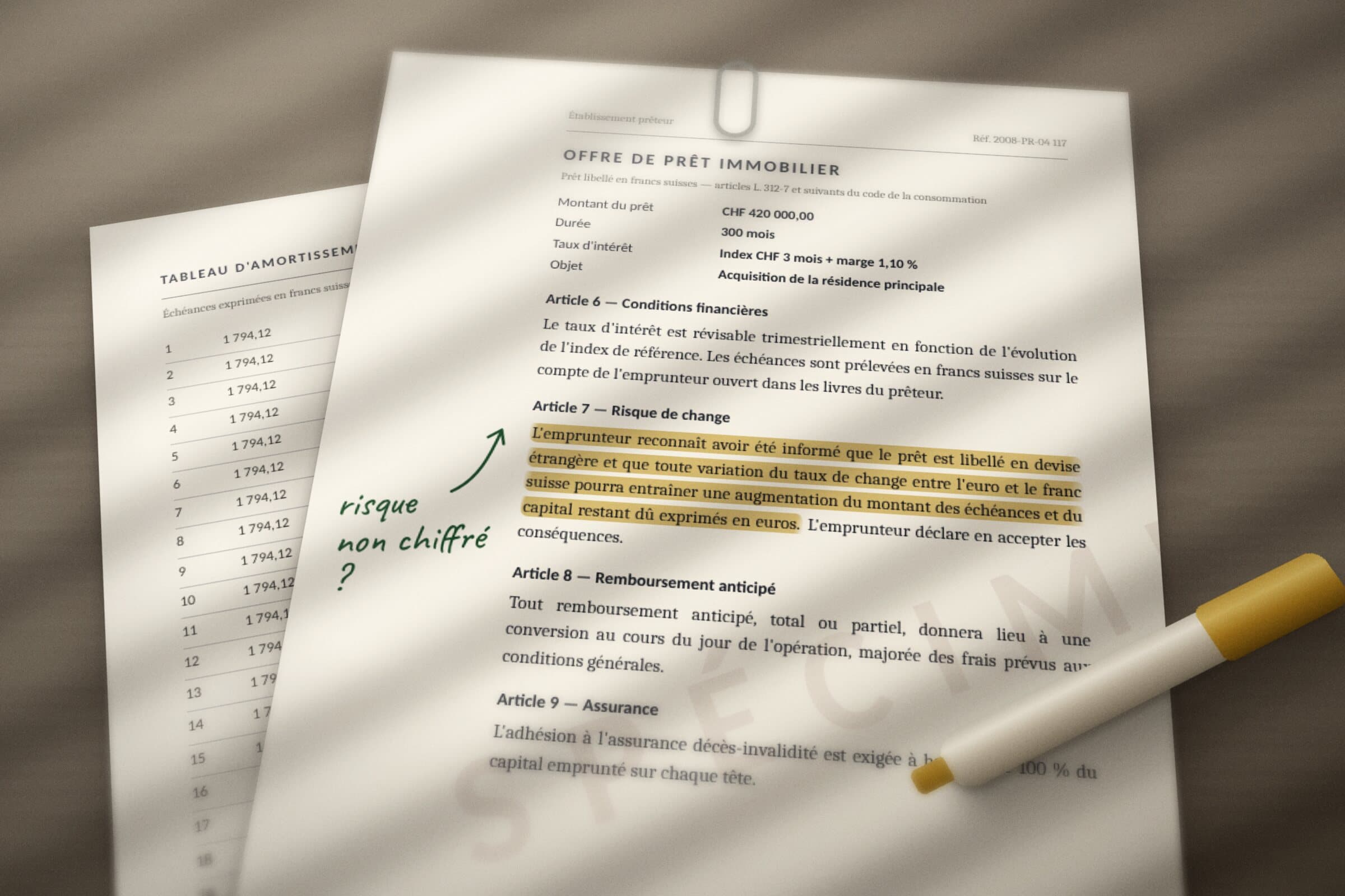 Spécimen d'offre de prêt immobilier libellé en francs suisses, posé sur un tableau d'amortissement : l'article 7, « Risque de change », est surligné en jaune, avec en marge la note manuscrite verte « risque non chiffré ? » et un surligneur à côté.